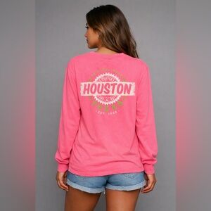 HOUSTON TX Neon Pink Long Sleeve Graphic Tee Unisex T-Shirt Adult Sz L EUC